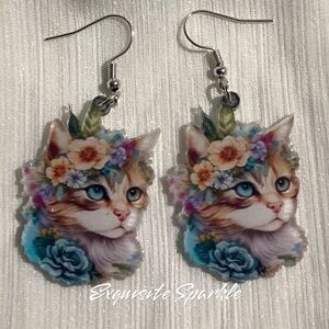 🌸😸Acrylic Hook Drop Beautiful Floral Cat Dangle Drop Earrings